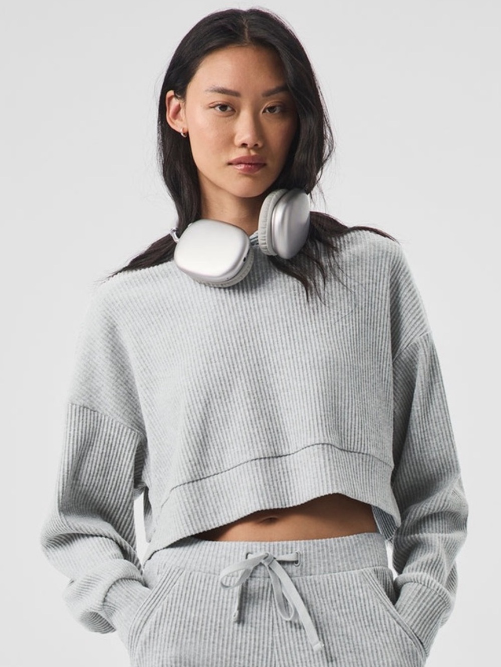 ALO Yoga Muse Ribbed Cropped Hoodie Heather gray XS